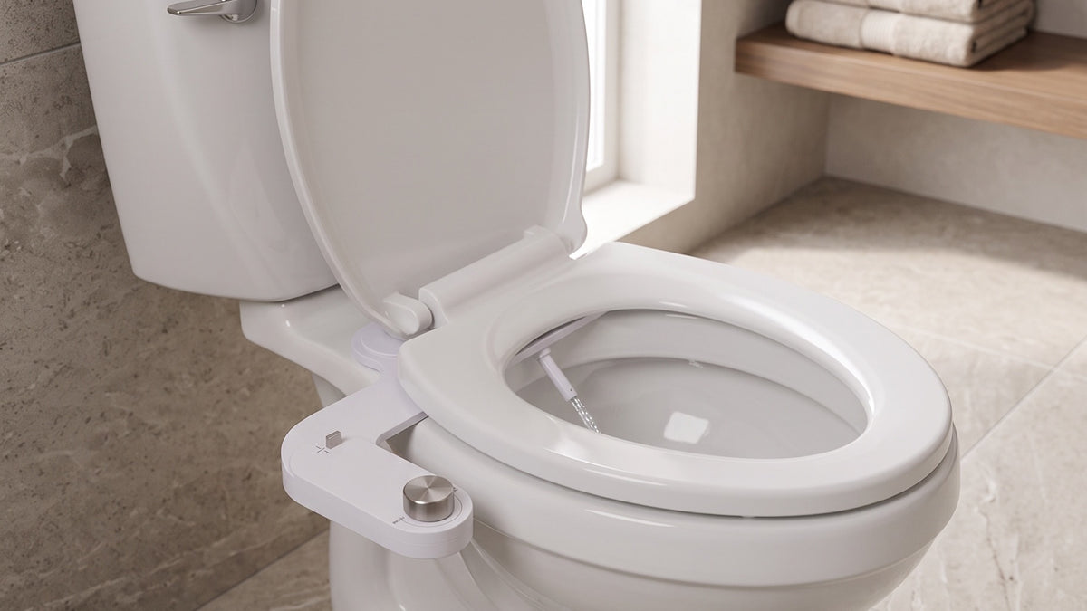 The Original fitted to a toilet in a calm stone bathroom, daylight from a window