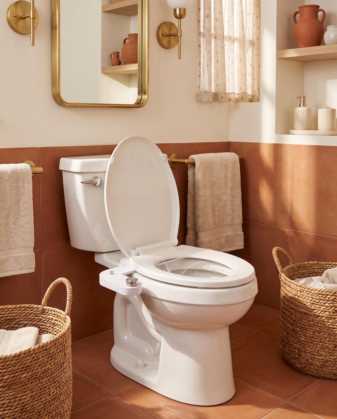 A warm terracotta bathroom with The Original fitted
