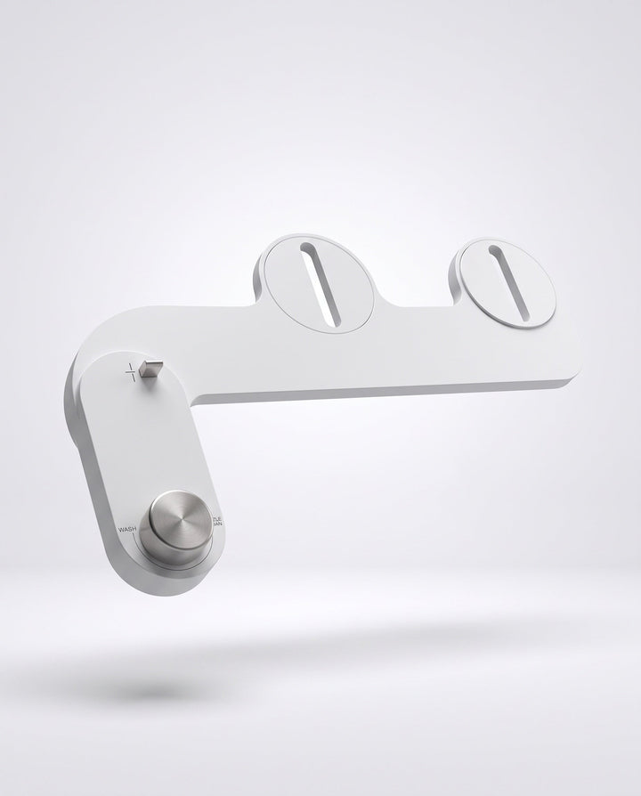 The Original bidet attachment, white with a brushed steel dial